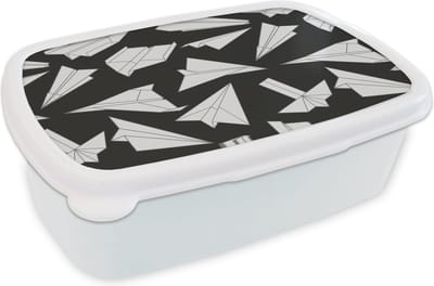 Broodtrommel Wit - Lunchbox - Brooddoos - Design - Papier - Vliegtuig - 18x12x6 cm - Volwassenen