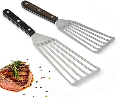 Set van 2 RVS Spatula's met Houten Handvat voor Grillen, Koken en Bakken van Vlees, Vis en Eieren