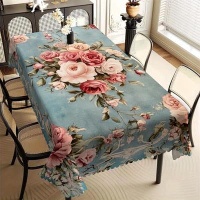 Shabby Chic Rozenbloemen Tafelkleed, Vintage Blauwe Achtergrond, Schone Golvende Rand, Vuilafstotend, voor Keuken, Feest & Romantisch 90x140cm gray