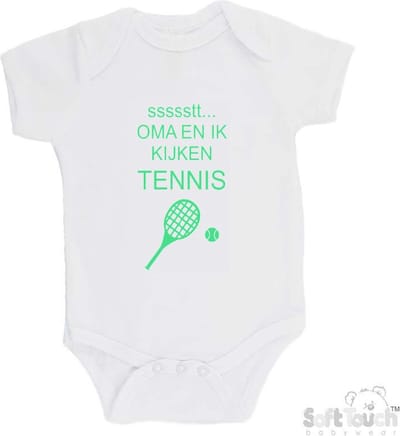 100% katoenen Romper "ssssstt... Oma en ik kijken tennis" Unisex Katoen Wit/mint Maat 62/68