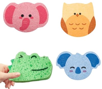 Baby Badsponzen Set - 4 Stuks Zachte Dierenvormen voor Kinderen, Natuurlijke Massage Sponzen voor Peuters en Pasgeborenen