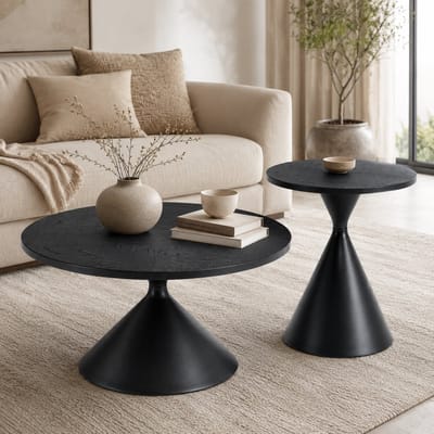 Ronde salontafel set van 2 - Zwarte houtnerf look - MDF en metaal - Woonkamer - Zwart