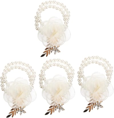 Bruidsaccessoire Polsbloem - Pols corsage - Bruiloft Decoratie - Delicaat Pareldesign - 8 x 7 cm - Beige