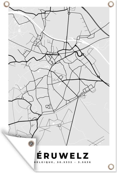 Muurdecoratie Stadskaart – Plattegrond – België – Zwart Wit – Péruwelz – Kaart - 120x180 cm - Tuinposter - Tuindoek