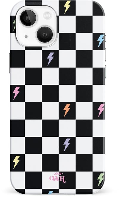 xoxo Wildhearts Thunderstruck - Single Layer - Hard Case geschikt voor iPhone 14 hoesje - Bliksem hoesje - Dames hoesje geschikt voor iPhone 14 hoesje - Case geschikt voor iPhone 14 hoesje - beschermhoes - geblokt - zwart / wit