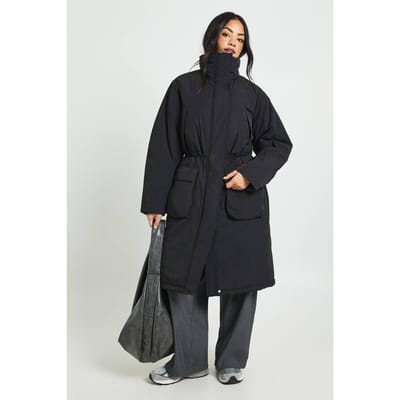 boohoo Dames Cinched Waist Longline Parka | Black | Maat: 8
