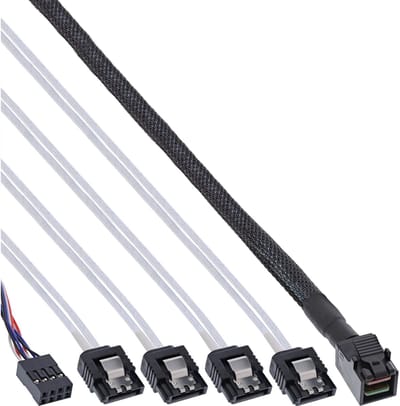 InLine® Mini SAS HD-kabel, SFF-8643 naar 4x SATA + sideband, 0,5m