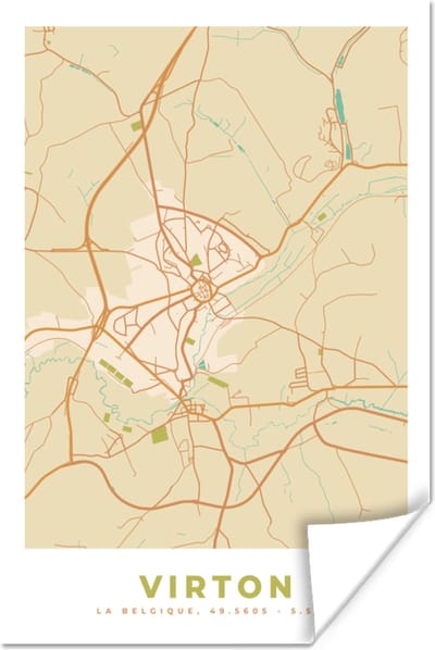 Poster Kaart - Retro - Vintage - Virton - Plattegrond - Stadskaart - 120x180 cm XXL
