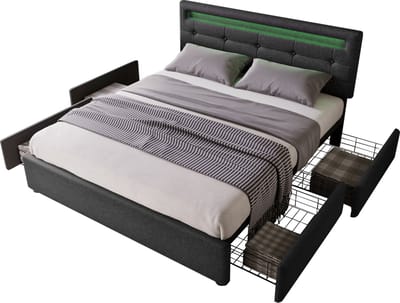 MIVRAY Gestoffeerd Bed 140x200cm - Bed Met Ledverlichting En 4 Lades - Verstelbaar Hoofdbord - Linnen - Zwart - Zonder Matras