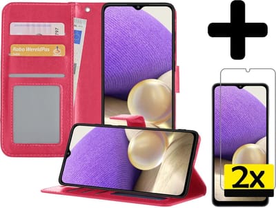 Hoesje - Met 2x Screenprotector - Geschikt voor Samsung Galaxy A32 5G - Luxe Pasjeshouder - Bookcase Portemonee - Flip Case - Kunstleer Book Case - Flipcase Hoes - Book Cover - Walletcase - Portemonneehoes - Telefoonhoesjes - Donkerroze