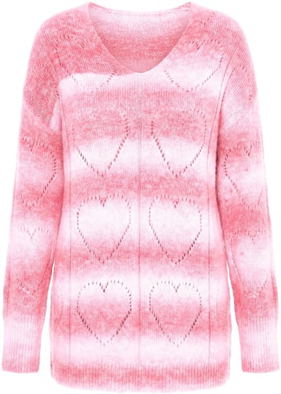 MIAMODA - Dames - Trui kleurverloop hart-ajourmotief V-hals lange mouwen - Flamingo - Maat 42