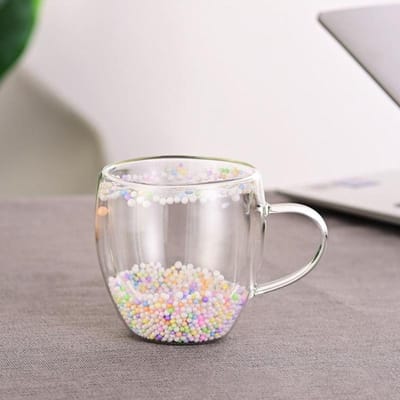 Creatieve dubbelwandige koffiemok Echte gedroogde bloemenvulling Glazen bekers Thee-koffiekopje met handvatten Hittebestendige mok Cadeau gray
