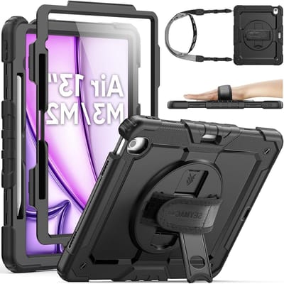 Schokbestendige iPad Air 13 Inch (M2) 2024 Hoes met Schermbeschermer, Penhouder en 360° Draaibare Handriem, Zwart