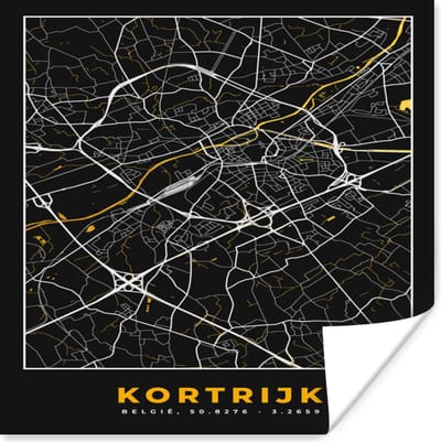 Poster Kaart - Kortrijk - Goud - Plattegrond - Stadskaart - 100x100 cm XXL