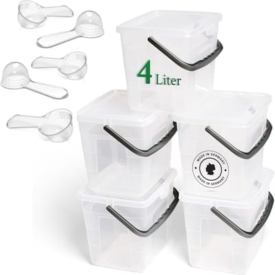 Novaliv 5x wasmiddeldoos met deksel 4 liter transparant en maatschep 23,5 x 18 x 18,5 cm waspoeder opbergdoos met handvat wasmiddel opbergbakje wasmiddel wasmiddelbakje waspoederbakje