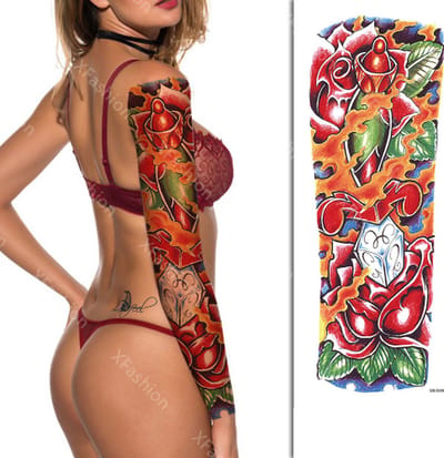 Tattoo Sleeve - Bloemen Flowers Rozen Rood - Neptattoo Lichaam en Gezicht - Tijdelijke Henna Plak Tattoos - Nep Tatoeage - Fake Temporary Tattoo - Festival Make-up Outfit Volwassenen Kinderen