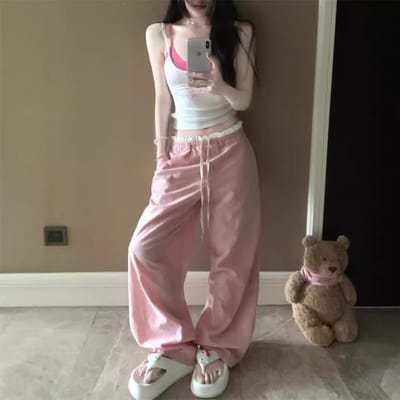 Koreaanse Kleding Zoete en Pittige Kant Roze Casual Broek Dames Zomer Dunne Design Sense Niche Losse Rechte Wijde Pijpen Broek 2XL roze