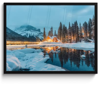 Poster in lijst - Fotolijst 70x50 cm - Posters - Winterlandschap - Natuur - Huis - Bergen - Sneeuw - Posterlijst zwart - Decoratie - Wanddecoratie woonkamer - Muurdecoratie slaapkamer