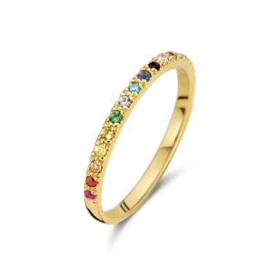 New Bling 9NBG-0662-50 Gouden Ring met Gekleurde Zirkonia - Dames - Maat 50 - 1,8mm Breed - Regenboog - 14 Karaat - Goud
