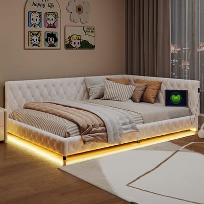 Gestoffeerde slaapbank 140x200 met ledverlichting en USB-oplaadpoort, kinderbed, slaapbank, teddystof, zonder matras, Teddt-stof, wit (splitsen voor 2 pakketten voor verzending)