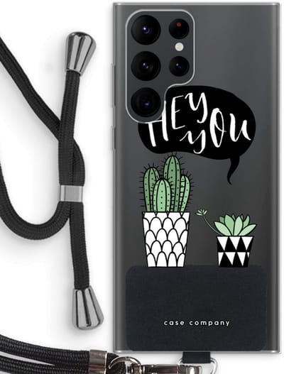Case Company® - Hoesje met koord geschikt voor Samsung Galaxy S22 Ultra hoesje met Koord - Hey you cactus - Telefoonhoesje met Zwart Koord - Bescherming aan alle Kanten en Over de Schermrand