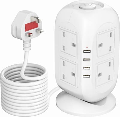Tower Extension Lead with USB Ports 5M Cable - Vertical Desktop Power Strip with 8 Outlets - Surge Protected Charge Station for Home Office surge protector