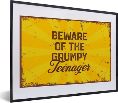 Fotolijst incl. Poster - Kids - Quotes - Vintage - Beware of the grumpy teenager - 40x30 cm - Posterlijst