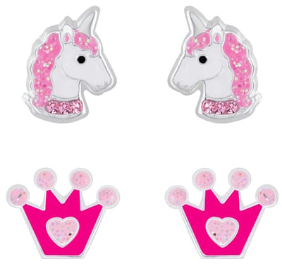 Joy|S - Zilveren oorbellen set - 2 paar - Eenhoorn oorbellen / unicorn - Kroontje oorbellen