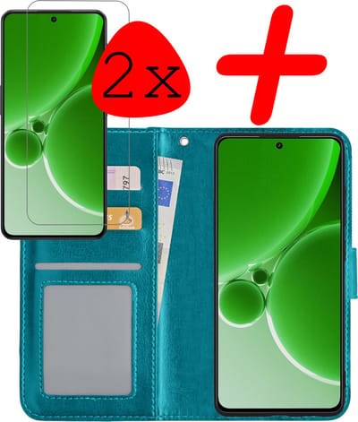 Hoesje Met 2x Screenprotector - Geschikt voor OnePlus Nord 3 - Luxe Pasjeshouder - Bookcase Portemonee - Flip Case - Kunstleer Book Case - Flipcase Hoes - Book Cover - Walletcase - Portemonneehoes - Turquoise