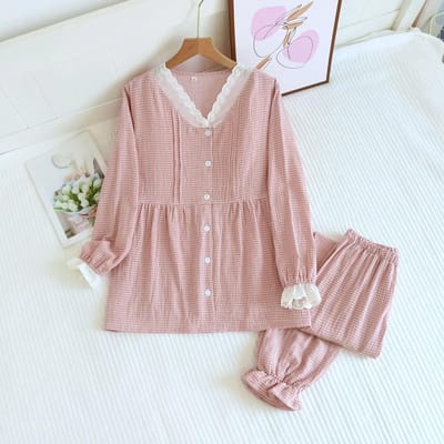 Nieuwe Dames Pyjama Set 100% Katoen Rand Kraag Kleine Ruit Lange Mouwen Broek Huispak Tweedelige Set M gray