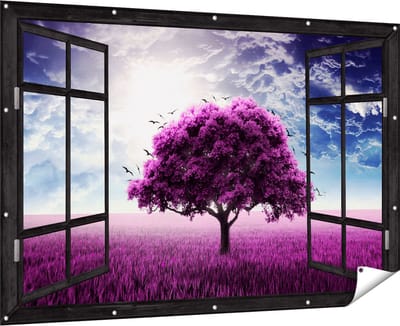 Gards Tuinposter Doorkijk Paarse Boom in het Paars Veld met Vogels - 180x120 cm - Tuindoek - Tuindecoratie - Wanddecoratie buiten - Tuinschilderij