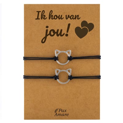 Koppel voor 2 "Ik hou van jou" - Schattig Katje - BFF Armbandjes met Cadeau Kaartje - Zwart & Zilverkleurig - Kat / Poesje Armband - Pax Amare