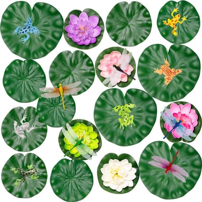 Dailygoods- Kunstmatige Vijverplanten Set - 28 Stuks Drijvende Lotusbloem - Faux Lelie Pads - Kunstkikker - Libelle - Duurzaam PVC - Waterplanten