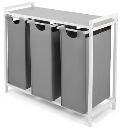 KAD® Wasmand - Wasmand 3 Vakken - Wasmand Met Deksel - Wassorteerder - Grijs/Wit - 36cm x 86cm x 73cm