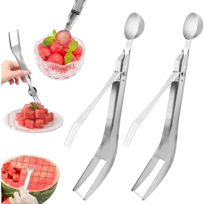 longziming -Watermeloen Snijder - Melon Server - Fruit Gereedschap - Veilige Vierkante Snijkant - Geïntegreerde Schep En Vork - Inklapbaar Compact Ontwerp - Ideaal Voor Reizen En Picknicks - 2 Stuks