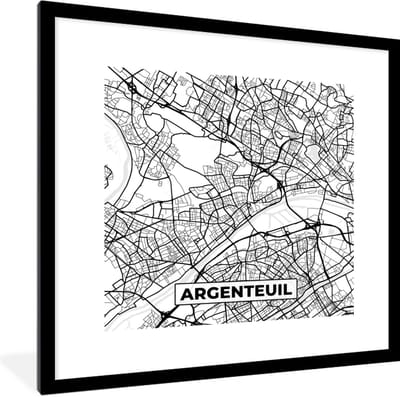 Fotolijst incl. Poster Zwart Wit- Plattegrond - Argenteuil - Kaart - Frankrijk - Stadskaart - Zwart wit - 40x40 cm - Posterlijst