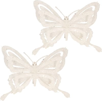 Kerstboomversiering Vlinder - 2x - 14 cm - wit glitter - op clip - ornament