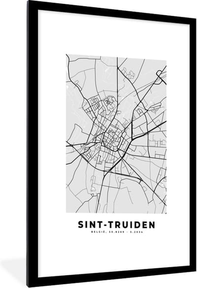 Fotolijst incl. Poster Zwart Wit- Plattegrond – Sint Truiden – Zwart Wit – Stadskaart - Kaart - 60x90 cm - Posterlijst