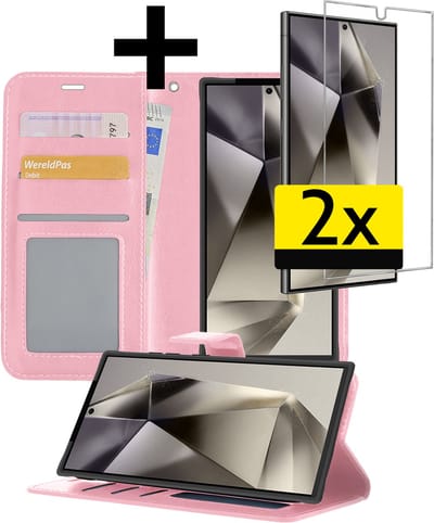 Hoesje - Met 2x Screenprotector - Geschikt voor Samsung Galaxy S24 Ultra - Luxe Pasjeshouder - Bookcase Portemonee - Flip Case - Kunstleer Book Case - Flipcase Hoes - Book Cover - Walletcase - Portemonneehoes - Telefoonhoesjes - Lichtroze