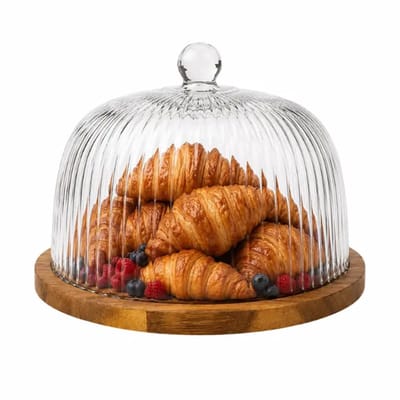 Dia – glazen stolp – geribbeld glas – helder – acacia serveerplateau Ø30,5 cm