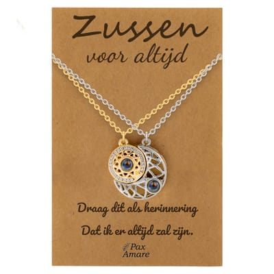 BFF Ketting voor 2 'Zussen voor altijd' - Rondjes ILY IN 100 TALEN - Vriendschapsketting op Cadeau Kaartje - 45cm + 5cm verstelbaar - Goudkleurig & Zilverkleurig - Sisters Hanger - Pax Amare