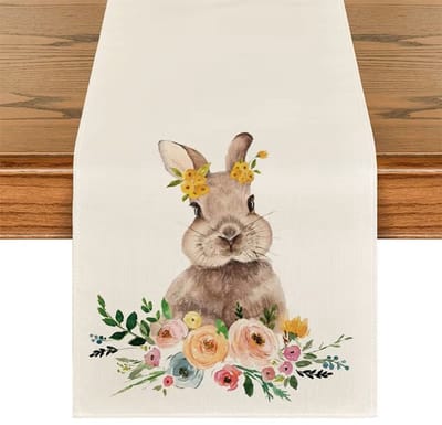 Tafelkleed Pasen - Paashaas met bloemetjes - 33 x 180 cm - Linnen - Tafelloper - Paasdecoratie - Paasversiering - Paashaas - Pasen Tafelkleed - Lente Decoratie