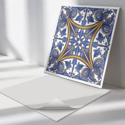Wallfluent Vinyl Tegels - Plantenpatroon met Ornamenten Vinyl Vloer Tegels - 30 cm x 30 cm - Blauw PVC Tegels - 9 stuks - Vierkant PVC Tegels - Patroon Plaktegels - Zelfklevende Vinyl Tegels - Plaktegels Keuken en Badkamer