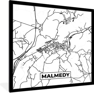 Fotolijst incl. Poster Zwart Wit- Zwart Wit – België – Plattegrond – Stadskaart – Kaart – Malmedy - 40x40 cm - Posterlijst