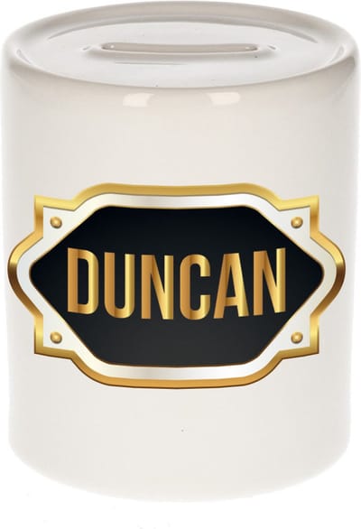 Spaarpot met voornaam Duncan - wit - met goud/zwart embleem - 8 x 9 cm - keramiek - met afsluitdop - cadeau verjaardag