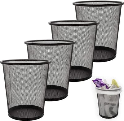Set van 4 Stuks Metalen Prullenbakken 12L - Zwarte Mini Afvalbak voor Kantoor, Slaapkamer en Badkamer, Compact en Stijlvol 26.5 x 23.5 x 18.8 cm