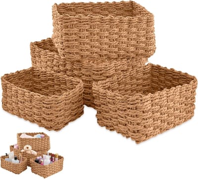 Famanu - Kleine Rieten Opbergmanden, set van 4 multifunctionele organizers voor lade, bureau en badkamer