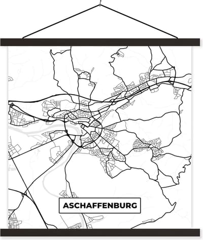 Posterhanger incl. Poster 60x60 cm - Schoolplaat - Aschaffenburg - Plattegrond - Kaart - Stadskaart - Textielposter - Zwarte latten - Stadskaart