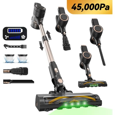 LAMZIEN V8MAX Draadloze Stofzuiger, 55000PA/45Min Gebruiksduur, Efficiënte HEPA-filtratie, met Groene LED-voorlamp, V-vormige Anti-Klitborstel voor harde vloeren, tapijt & dierenharen