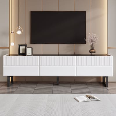 MODFU TV-meubel 170x35x47 cm van MDF en spaanplaat, minimalistisch zwart-wit design met laden en metalen poten